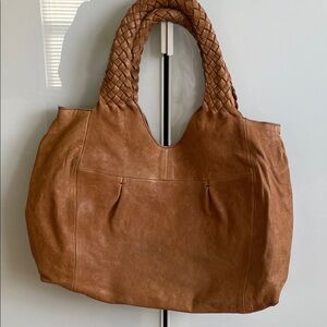 Braided-Handle Large Leather Tote Bag in Cognac made in Italy